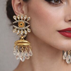 Stunning Gold Tone Clear Glass and Rhinestones Eye Statement Earrings